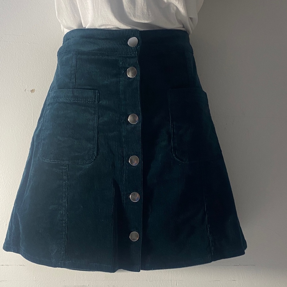 H&M Divided | Corduroy Button-Front A-Line Skirt - Deep Teal Green